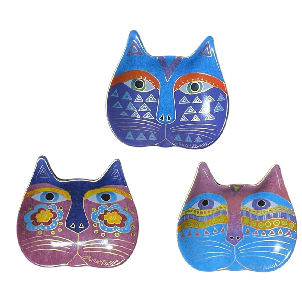 Laurel Burch Trio of Colorful Cat Face Trinket Dishes - Blue, Purple, Magenta